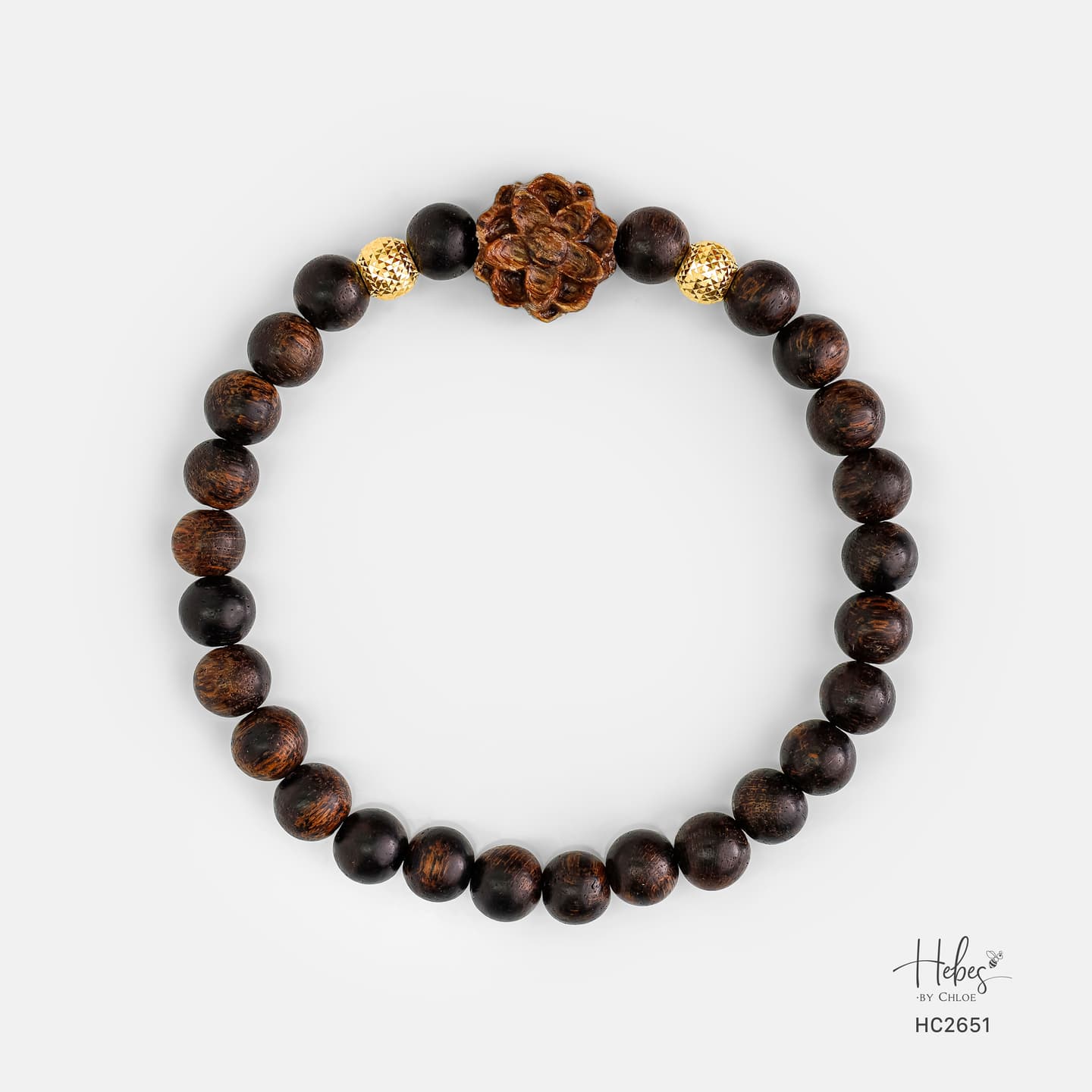 Indonesian Agarwood Gold Rutilated Quartz Lotus Charm Bracelet HC2651