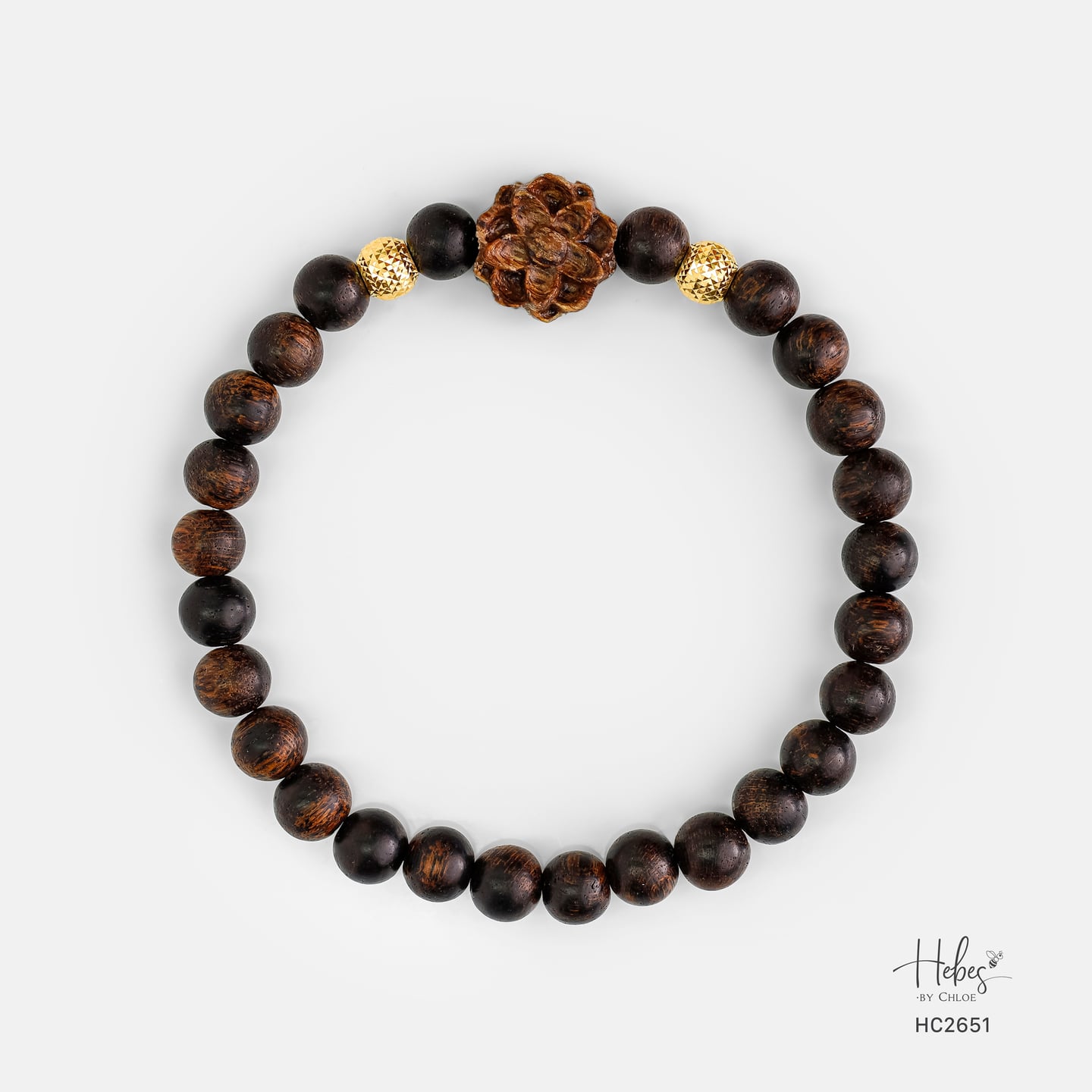 Indonesian Agarwood Gold Rutilated Quartz Lotus Charm Bracelet HC2651